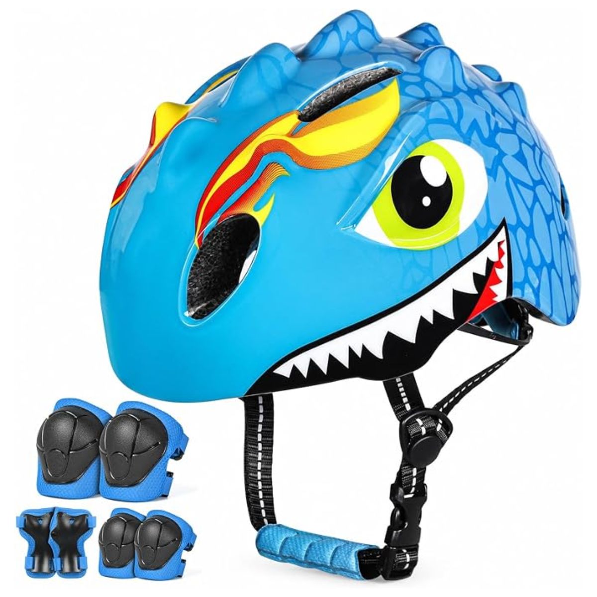Set: blauer Dino-Kinderhelm mit Schonern