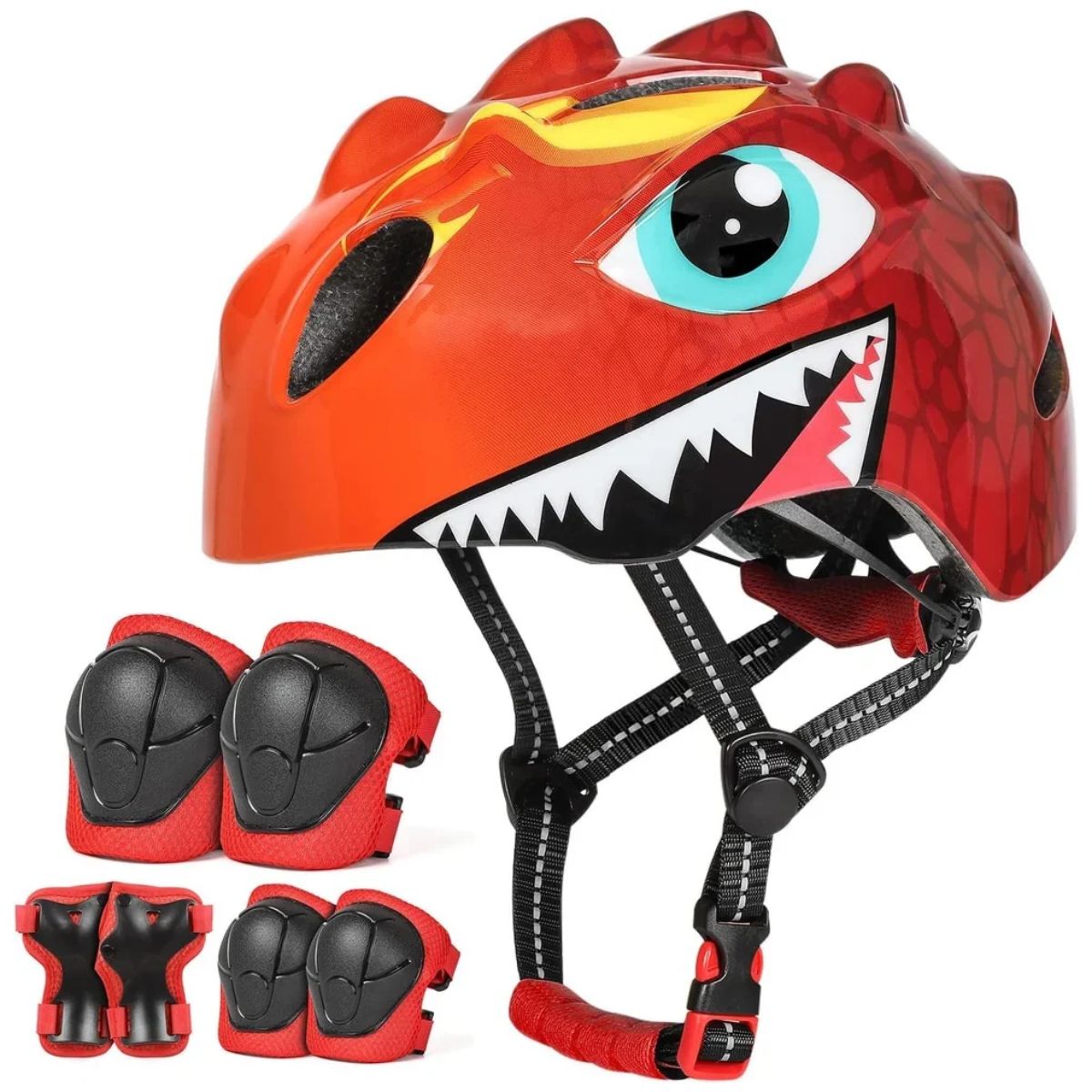 Set: roter Dino-Kinderhelm mit Schonern