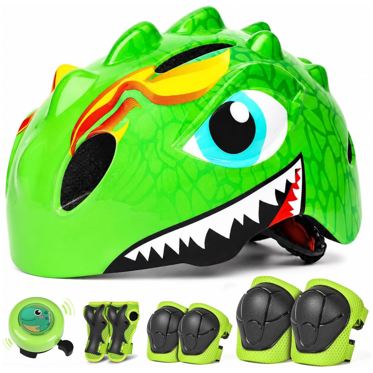 Set: grüner Dino-Kinderhelm mit Schonern und Klingel