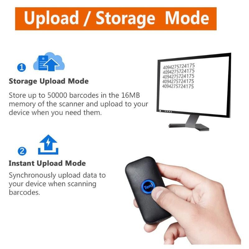 Tera 5200C Lézeres 1D Hordozható Vonalkódolvasó - Bluetooth, Vezeték Nélküli és USB Kapcsolattal - BShopy