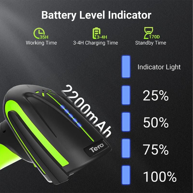 Tera 8100 Vezeték Nélküli 1D/2D/QR Vonalkódolvasó Bluetooth és USB Csatlakozással - Zöld - BShopy