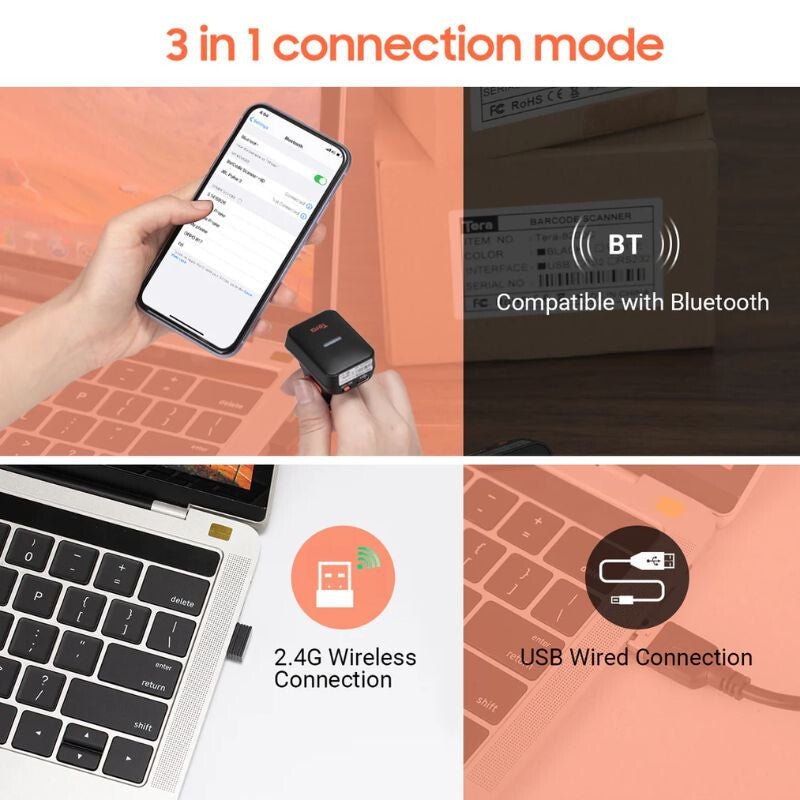 Tera Ergonomikus Gyűrűs Vonalkódolvasó – 1D & 2D QR, Bluetooth / 2.4G / USB Csatlakozás - BShopy
