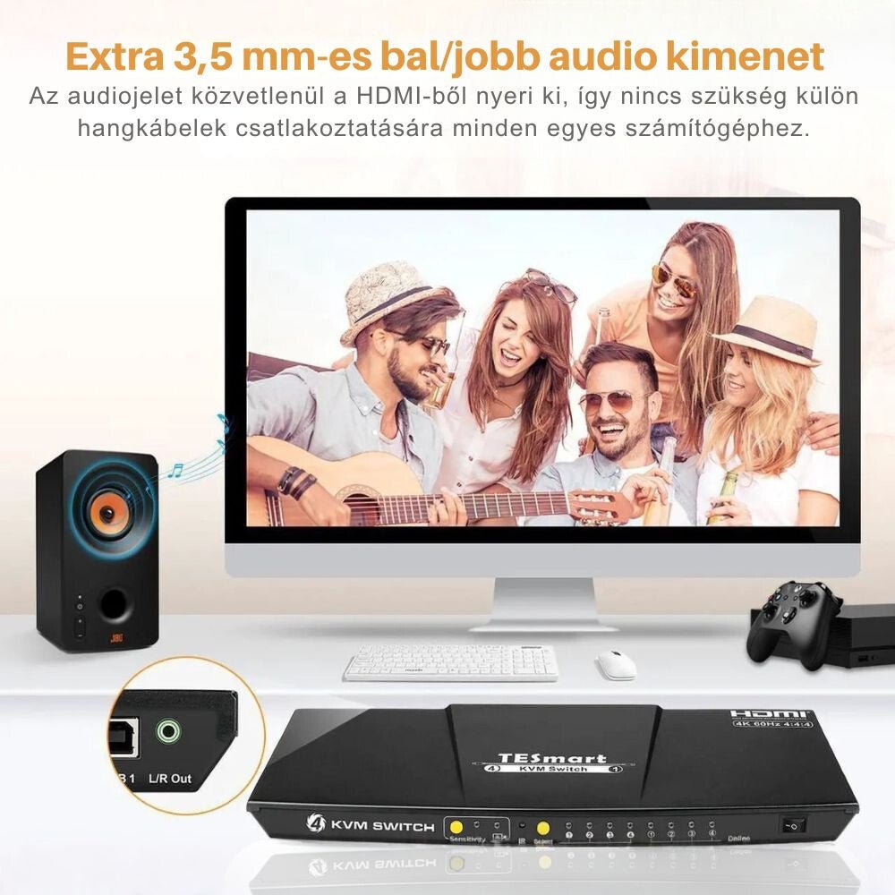TESmart HDMI KVM Switch 4x1 – 4K@60Hz, HDR10, Dolby Vision, USB 2.0, Audio kimenet - BShopy