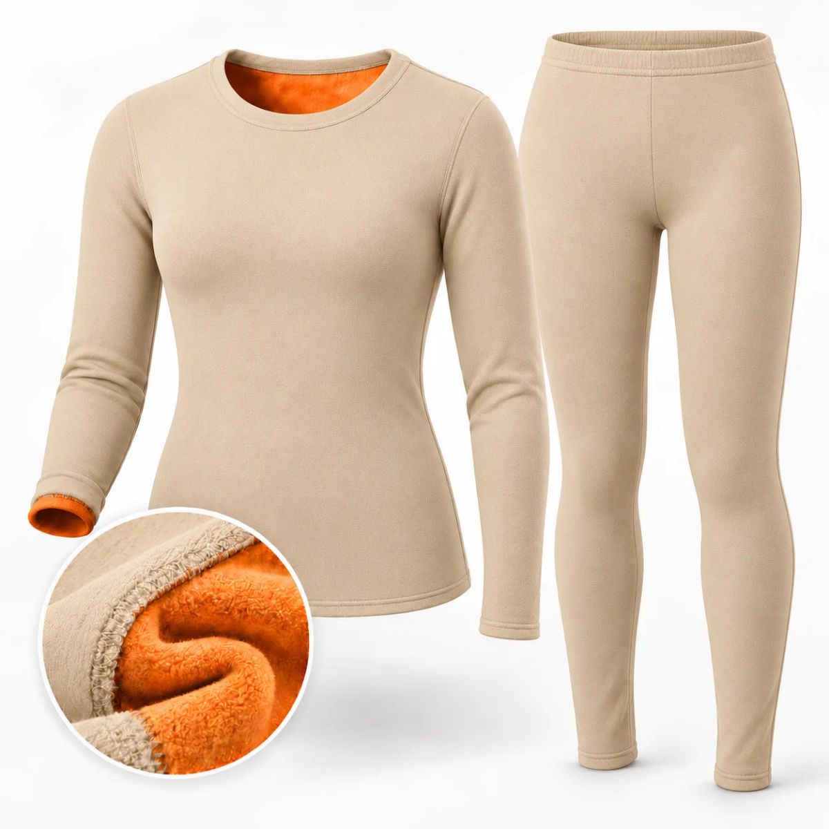 Damen-Thermounterwäsche-Set in Beige mit orangefarbenem Fleecefutter
