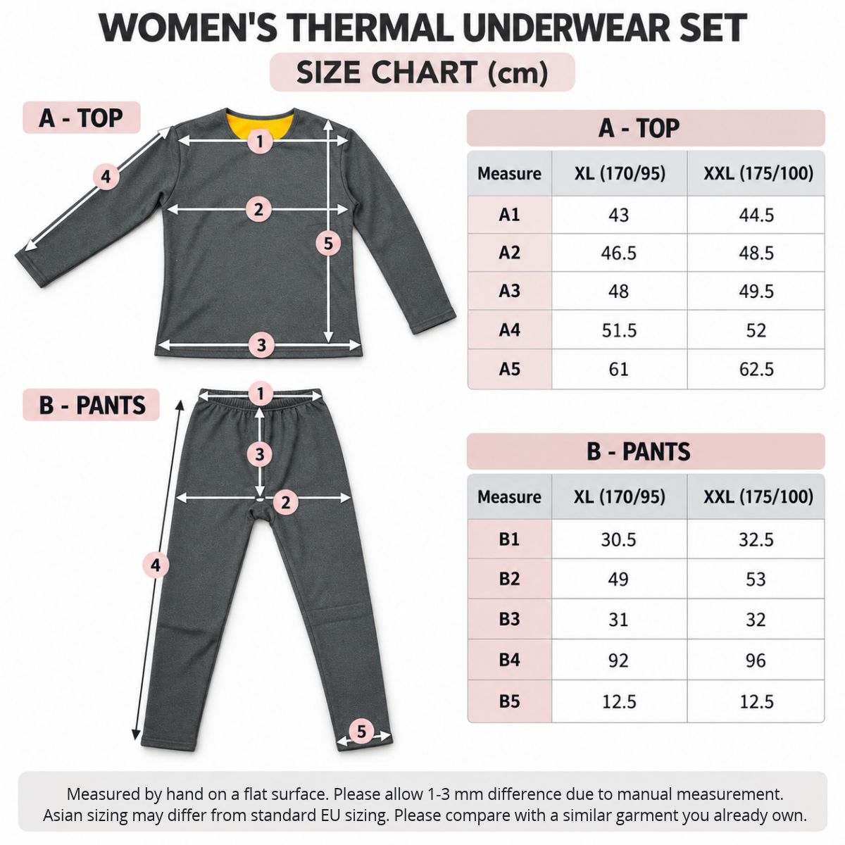 Größentabelle des Damen-Thermosets – XL (170/95) und XXL (175/100)