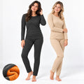 Damen Thermounterwäsche Set – Shirt und lange Unterhose mit Fleecefutter, elastisch, Anthrazit und Beige
