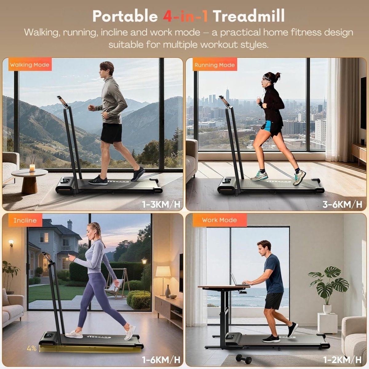 TISSCARE 4-in-1 Walking Pad und Laufband mit verstellbarer Steigung, 6 km/h, 130 kg - BShopy
