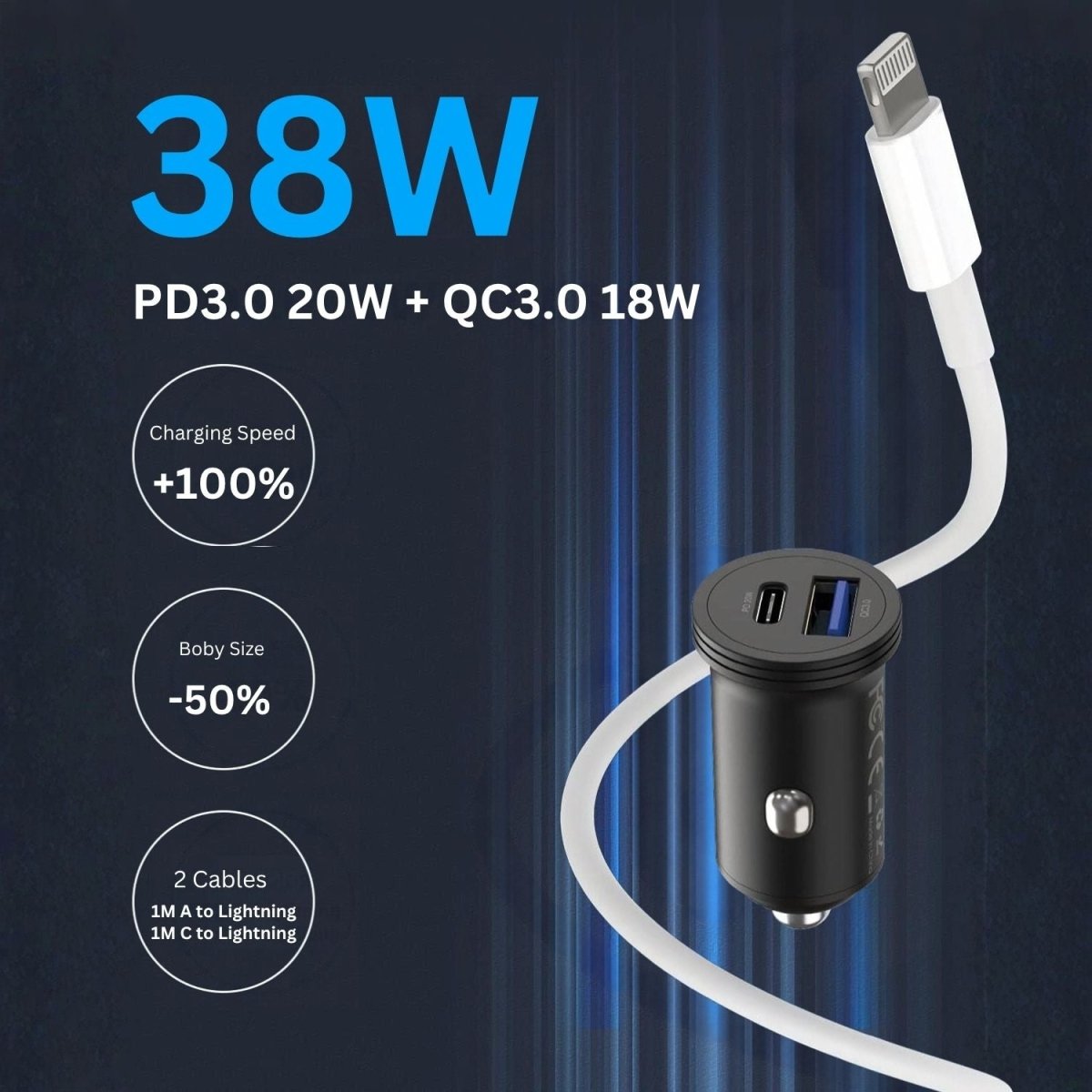 USB-C Kfz-Ladeadapter - 43W, Schnellladegerät mit 2 Anschlüssen für Handy und Tablet - BShopy