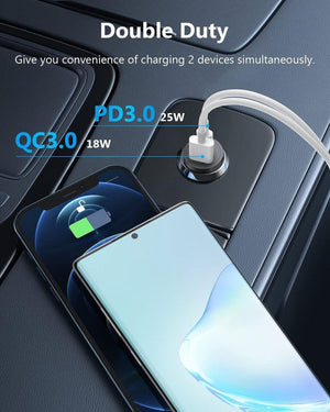 USB - C Autós Töltőadapter - 43W, 2 Portos Gyorstöltő Telefonhoz és Tablethez - BShopy