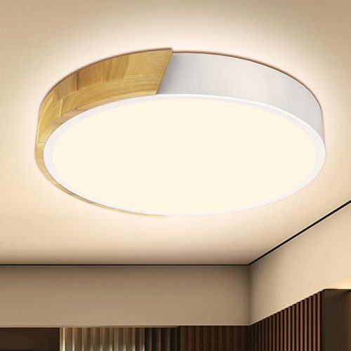 Runde LED-Deckenleuchte Kambo mit Holzdekoration, 30 cm, 3000 K (Weiß und Holz)