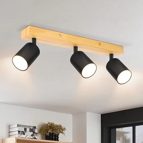Drehbare LED-Deckenleuchte Kambo mit 3 Brennern (Schwarz und Holz)