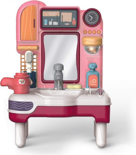 Badezimmerspiegel mit Waschbecken, Wasserhahn, Pipere-Zubehör, Beleuchtung und Tonwiedergabe (Rosa)