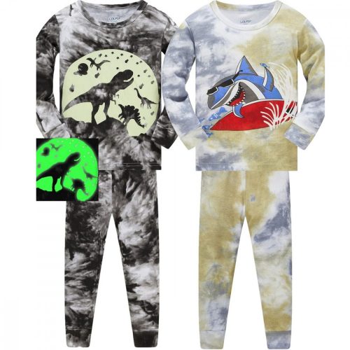 LOLPIP Jungen-Langarm-Pyjama-Set aus Baumwolle für 7-Jährige, 2-teilig (Haifisch und Dinosaurier)